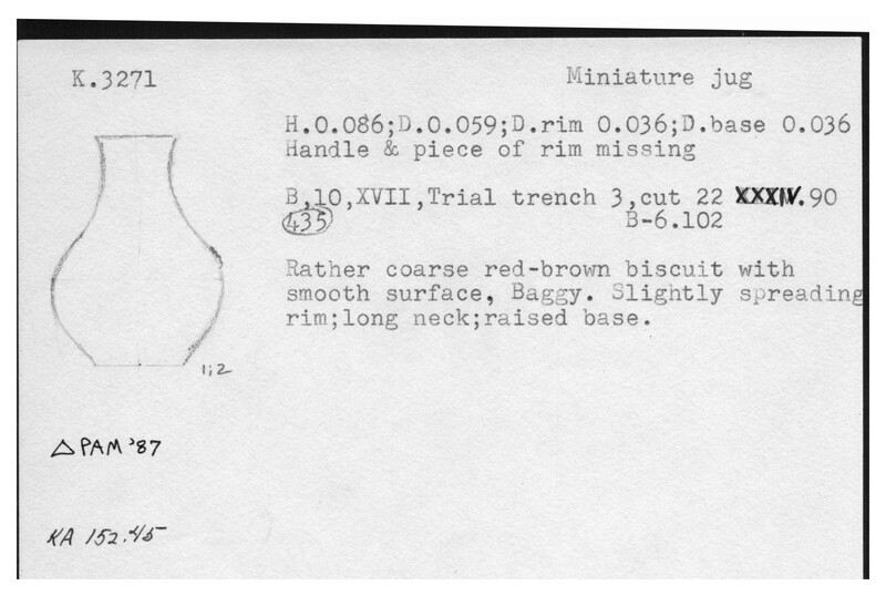 Index card with typed and handwritten information, sometimes including a sketch, of pottery from an excavation.