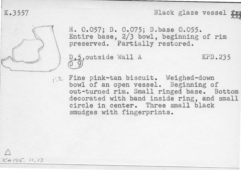 Index card with typed and handwritten information, sometimes including a sketch, of pottery from an excavation.