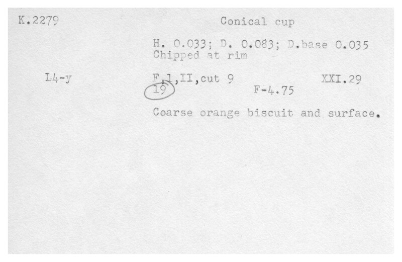 Index card with typed and handwritten information, sometimes including a sketch, of pottery from an excavation.