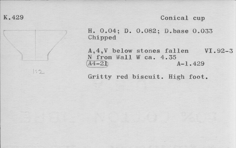 Index card with typed and handwritten information, sometimes including a sketch, of pottery from an excavation.