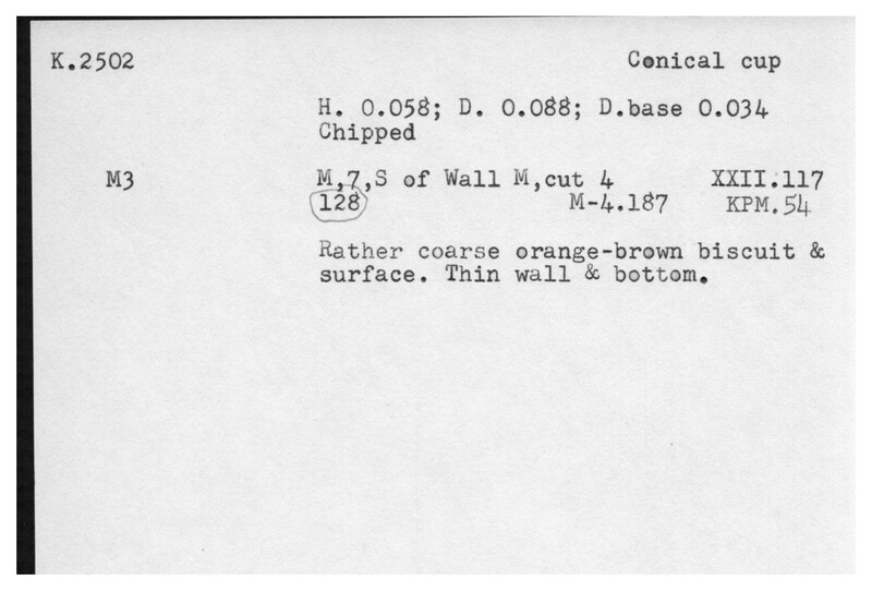 Index card with typed and handwritten information, sometimes including a sketch, of pottery from an excavation.