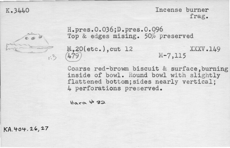 Index card with typed and handwritten information, sometimes including a sketch, of pottery from an excavation.