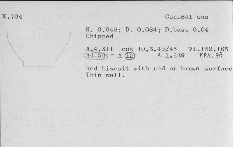 Index card with typed and handwritten information, sometimes including a sketch, of pottery from an excavation.