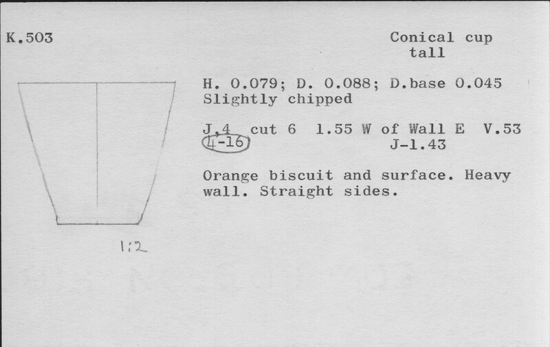 Index card with typed and handwritten information, sometimes including a sketch, of pottery from an excavation.