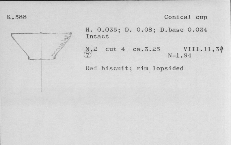 Index card with typed and handwritten information, sometimes including a sketch, of pottery from an excavation.