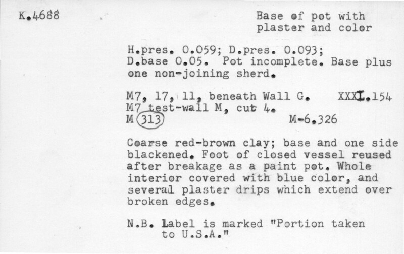 Index card with typed and handwritten information, sometimes including a sketch, of pottery from an excavation.