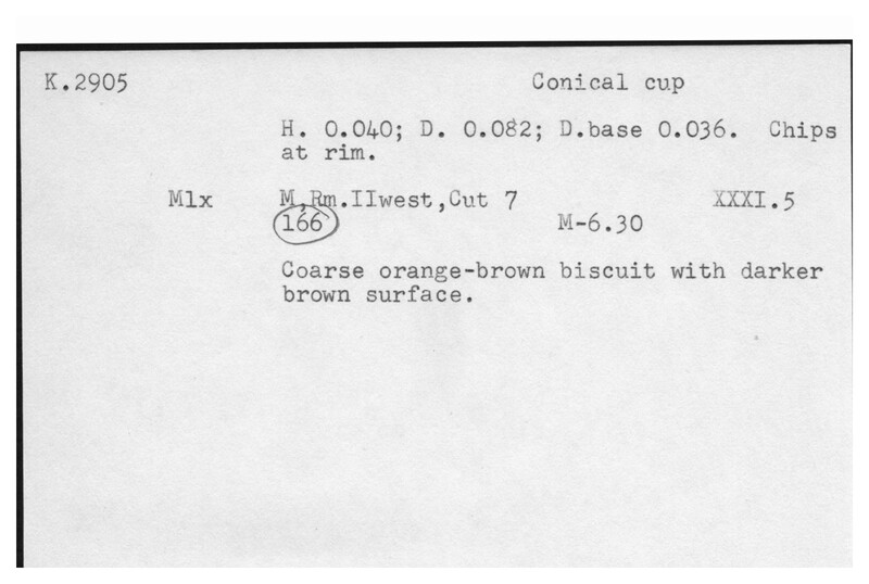 Index card with typed and handwritten information, sometimes including a sketch, of pottery from an excavation.