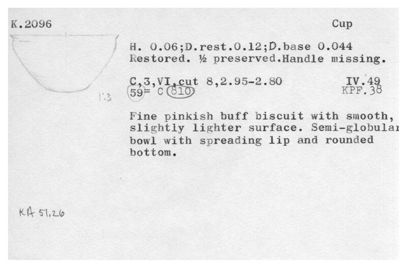 Index card with typed and handwritten information, sometimes including a sketch, of pottery from an excavation.