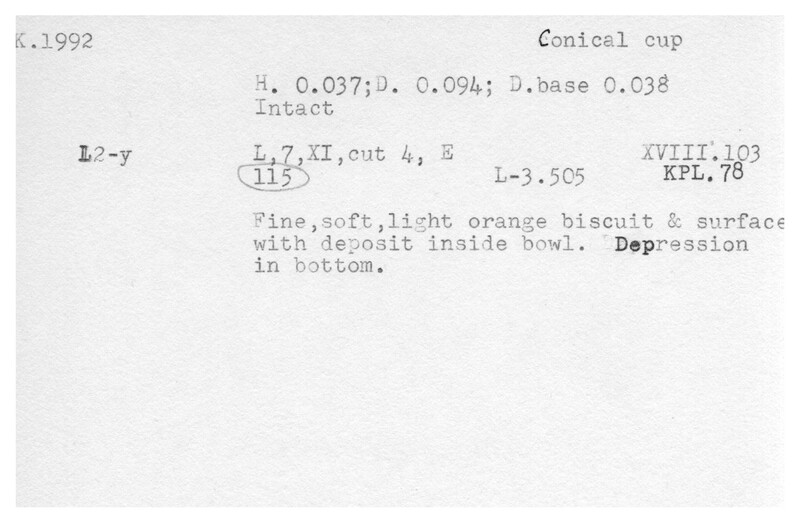 Index card with typed and handwritten information, sometimes including a sketch, of pottery from an excavation.