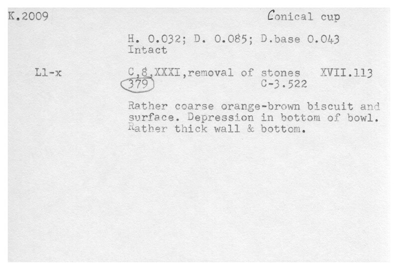 Index card with typed and handwritten information, sometimes including a sketch, of pottery from an excavation.