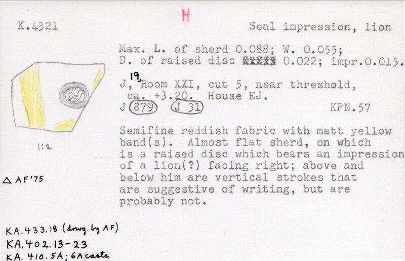 Index card with typed and handwritten information, sometimes including a sketch, of pottery from an excavation.