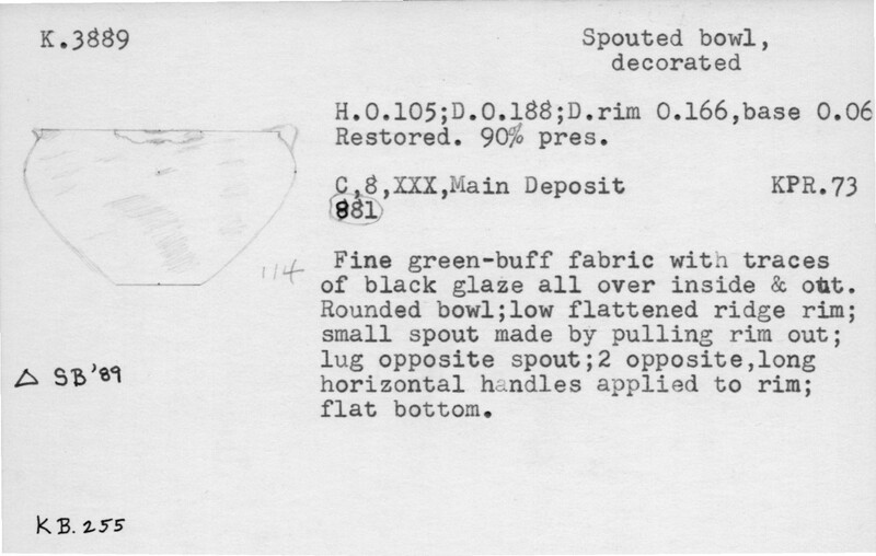 Index card with typed and handwritten information, sometimes including a sketch, of pottery from an excavation.
