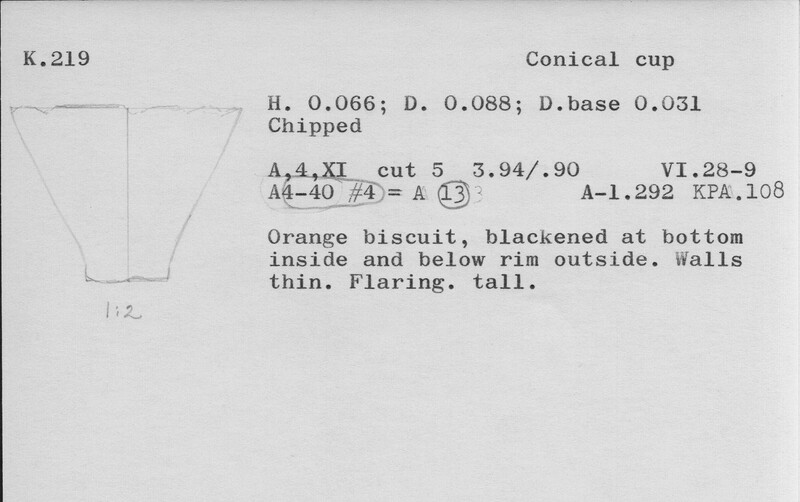 Index card with typed and handwritten information, sometimes including a sketch, of pottery from an excavation.