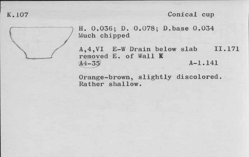 Index card with typed and handwritten information, sometimes including a sketch, of pottery from an excavation.