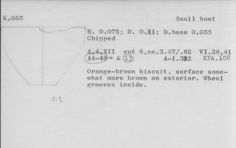 Index card with typed and handwritten information, sometimes including a sketch, of pottery from an excavation.