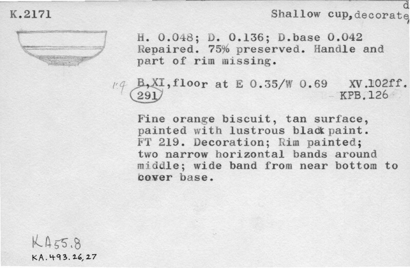 Index card with typed and handwritten information, sometimes including a sketch, of pottery from an excavation.