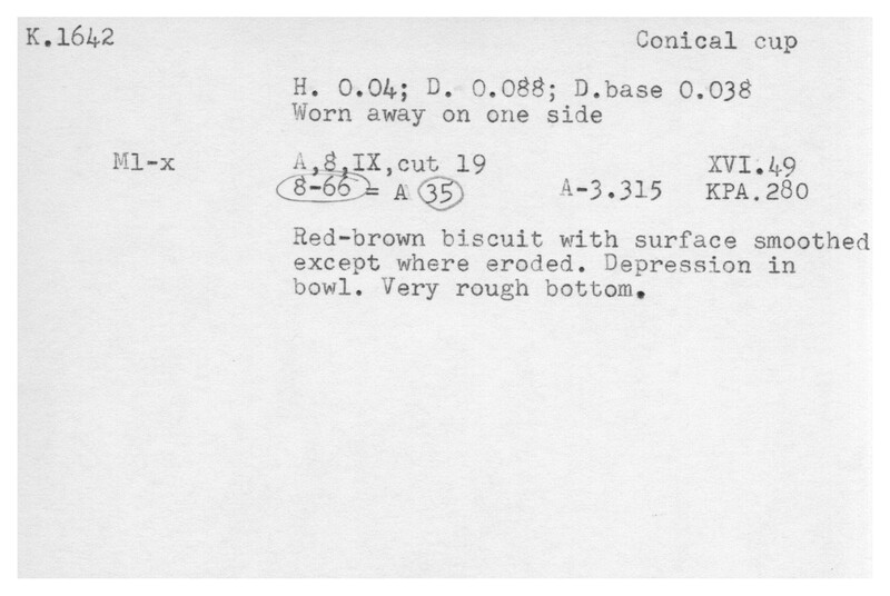 Index card with typed and handwritten information, sometimes including a sketch, of pottery from an excavation.