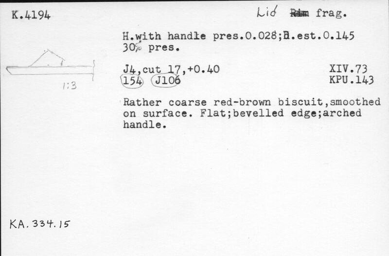 Index card with typed and handwritten information, sometimes including a sketch, of pottery from an excavation.