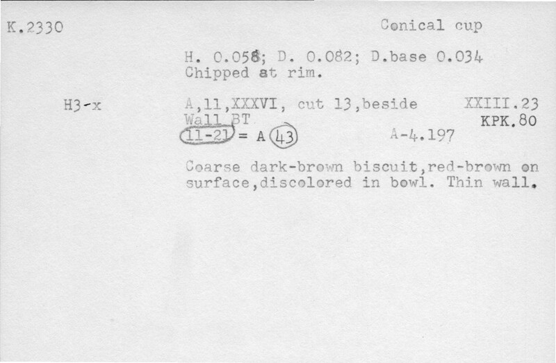 Index card with typed and handwritten information, sometimes including a sketch, of pottery from an excavation.