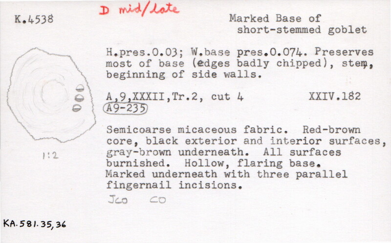 Index card with typed and handwritten information, sometimes including a sketch, of pottery from an excavation.