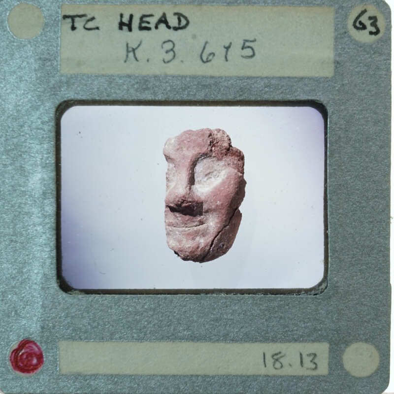 A photograph of a clay face mask on display.