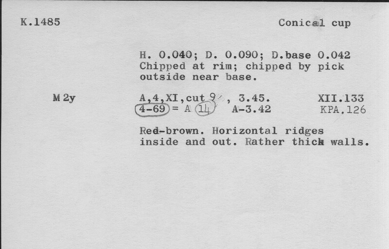 Index card with typed and handwritten information, sometimes including a sketch, of pottery from an excavation.