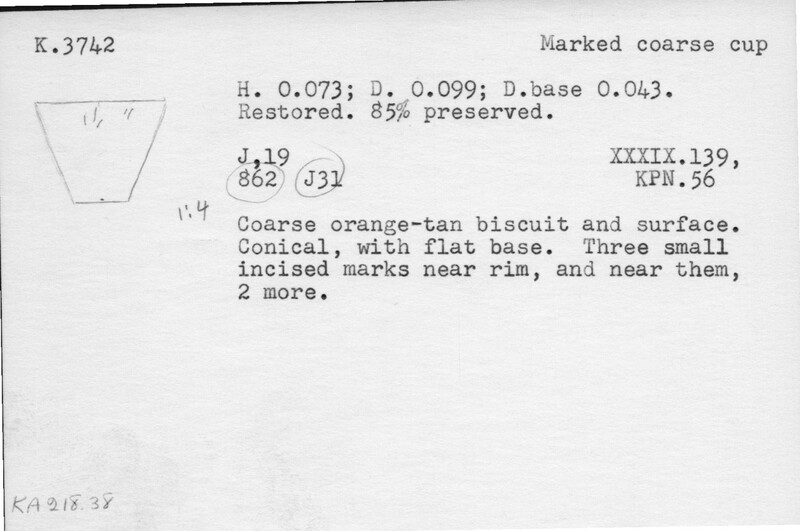 Index card with typed and handwritten information, sometimes including a sketch, of pottery from an excavation.