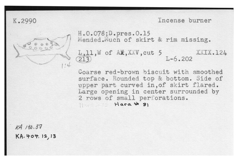 Index card with typed and handwritten information, sometimes including a sketch, of pottery from an excavation.