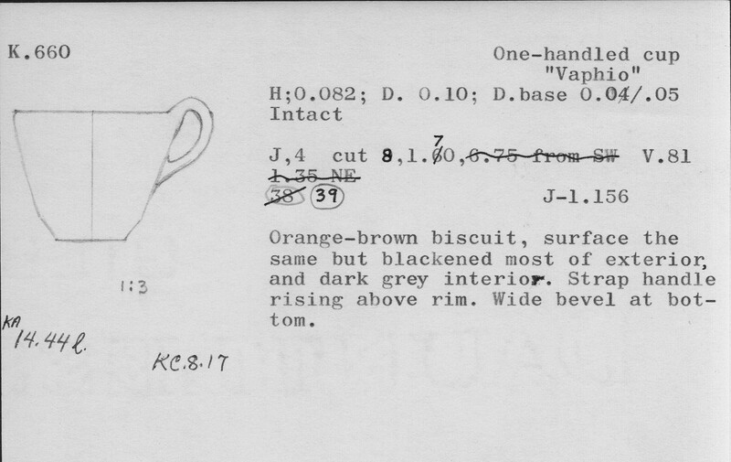 Index card with typed and handwritten information, sometimes including a sketch, of pottery from an excavation.
