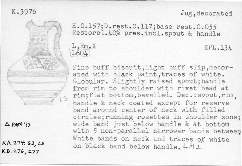 Index card with typed and handwritten information, sometimes including a sketch, of pottery from an excavation.