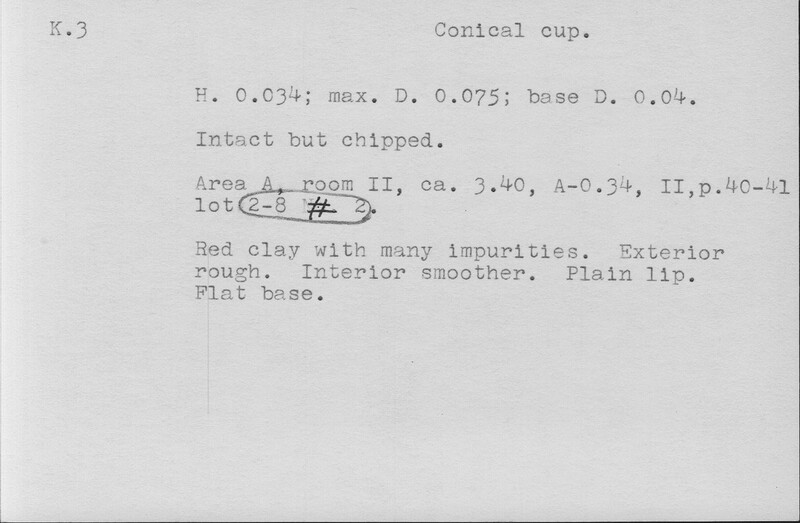 Index card with typed and handwritten information, sometimes including a sketch, of pottery from an excavation.