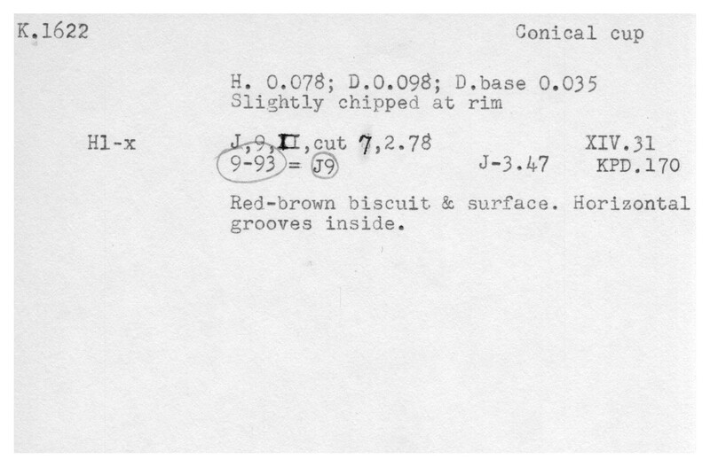 Index card with typed and handwritten information, sometimes including a sketch, of pottery from an excavation.
