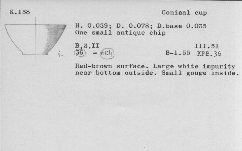 Index card with typed and handwritten information, sometimes including a sketch, of pottery from an excavation.