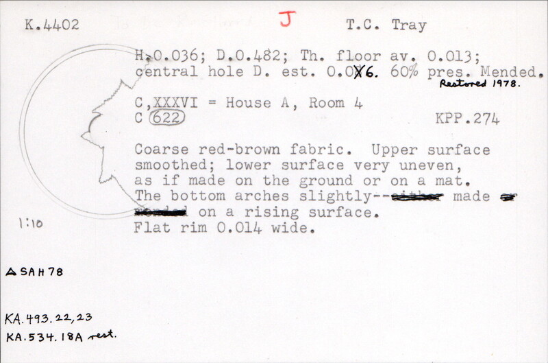 Index card with typed and handwritten information, sometimes including a sketch, of pottery from an excavation.