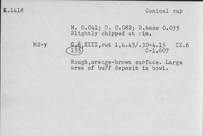 Index card with typed and handwritten information, sometimes including a sketch, of pottery from an excavation.