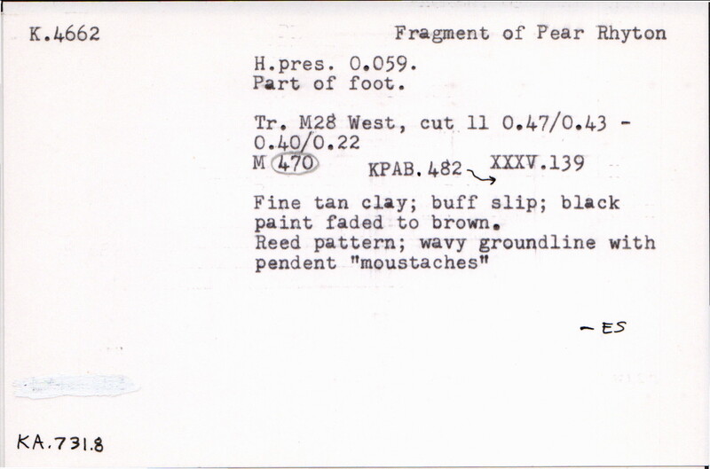 Index card with typed and handwritten information, sometimes including a sketch, of pottery from an excavation.