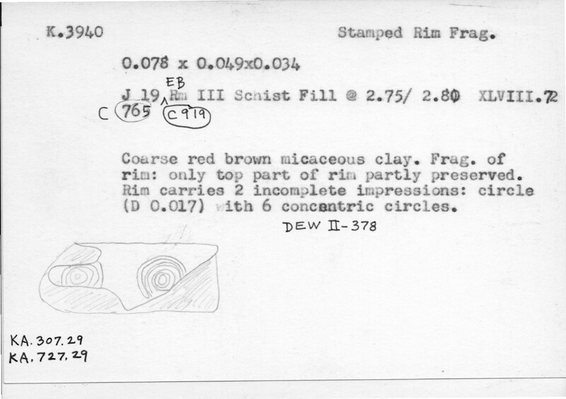 Index card with typed and handwritten information, sometimes including a sketch, of pottery from an excavation.