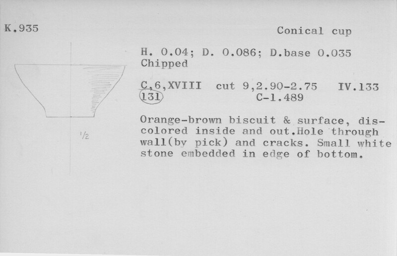Index card with typed and handwritten information, sometimes including a sketch, of pottery from an excavation.