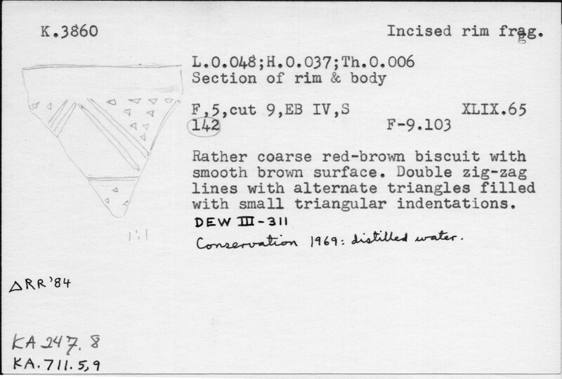 Index card with typed and handwritten information, sometimes including a sketch, of pottery from an excavation.