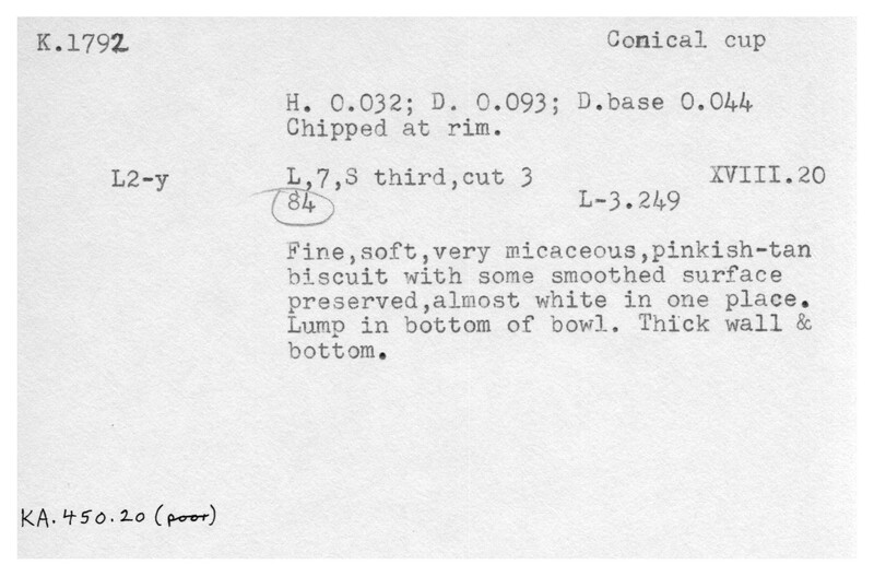 Index card with typed and handwritten information, sometimes including a sketch, of pottery from an excavation.