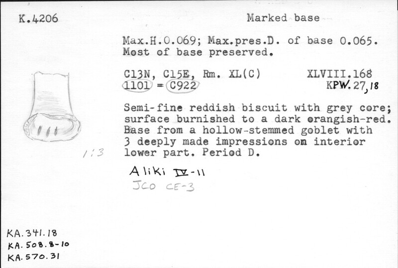 Index card with typed and handwritten information, sometimes including a sketch, of pottery from an excavation.
