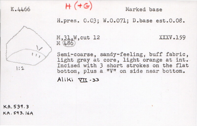 Index card with typed and handwritten information, sometimes including a sketch, of pottery from an excavation.
