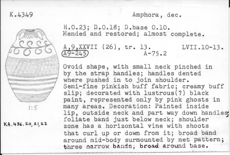 Index card with typed and handwritten information, sometimes including a sketch, of pottery from an excavation.