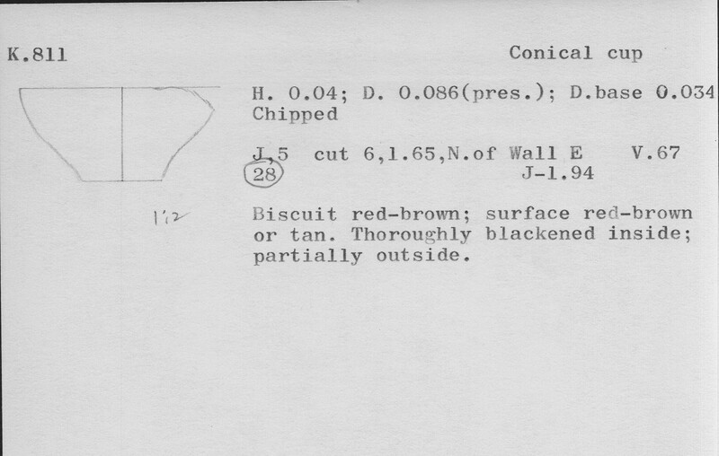Index card with typed and handwritten information, sometimes including a sketch, of pottery from an excavation.