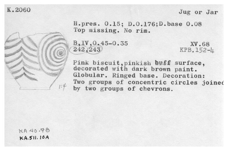 Index card with typed and handwritten information, sometimes including a sketch, of pottery from an excavation.