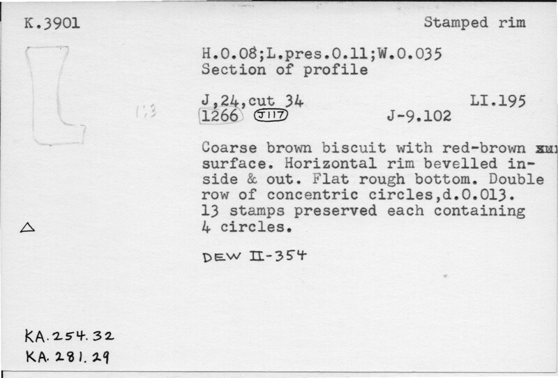 Index card with typed and handwritten information, sometimes including a sketch, of pottery from an excavation.