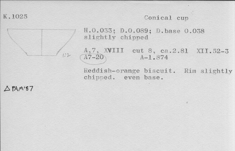 Index card with typed and handwritten information, sometimes including a sketch, of pottery from an excavation.