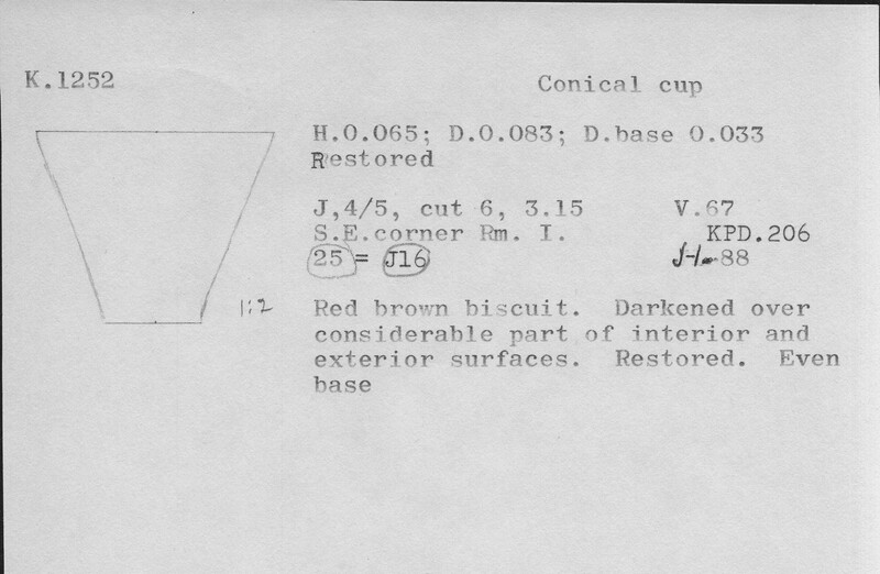 Index card with typed and handwritten information, sometimes including a sketch, of pottery from an excavation.