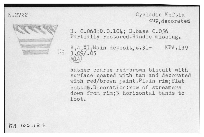 Index card with typed and handwritten information, sometimes including a sketch, of pottery from an excavation.