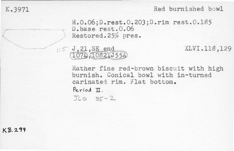 Index card with typed and handwritten information, sometimes including a sketch, of pottery from an excavation.